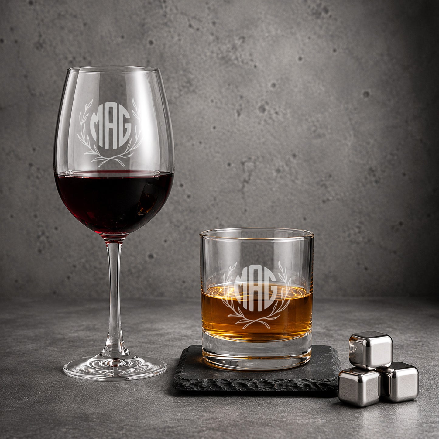 Wreath Monogram Personalized Wine & Whiskey Glass Set