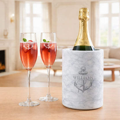 Anchor Engraved Champagne Glasses with Marble Bottle Chiller Set