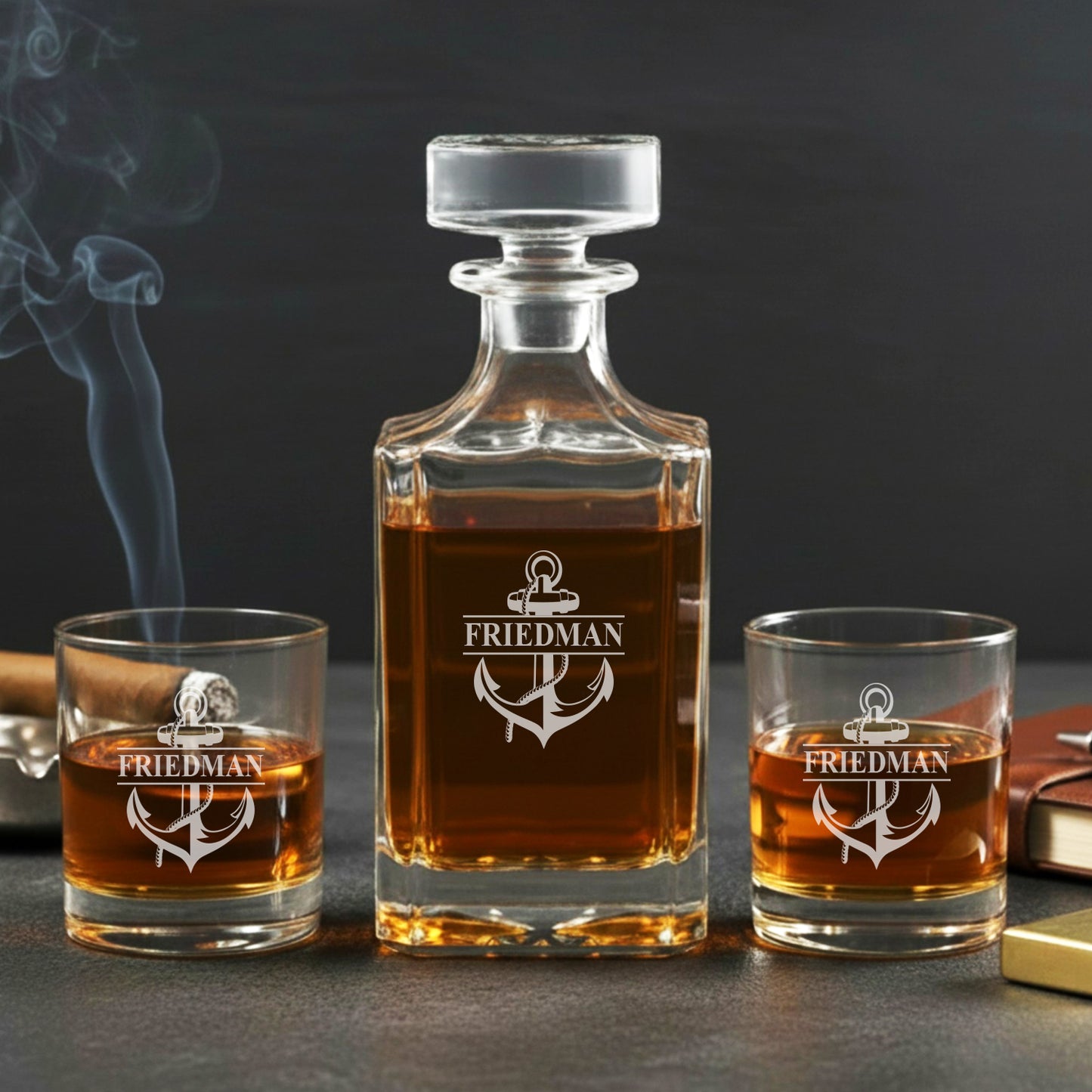 Anchor Personalized Classic Whiskey Decanter with Whiskey Glasses