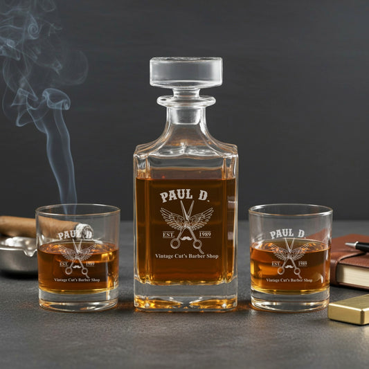 Barber Personalized Classic Whiskey Decanter with Glasses Gift Set