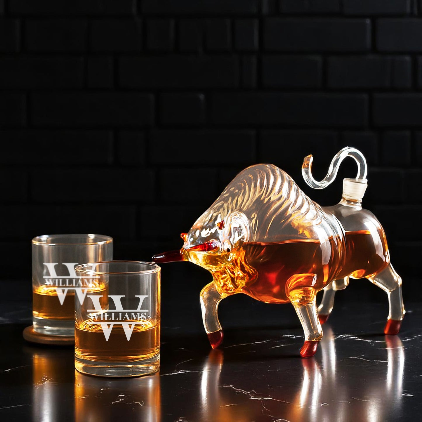 Bull Whiskey Decanter Set with Whiskey Glasses