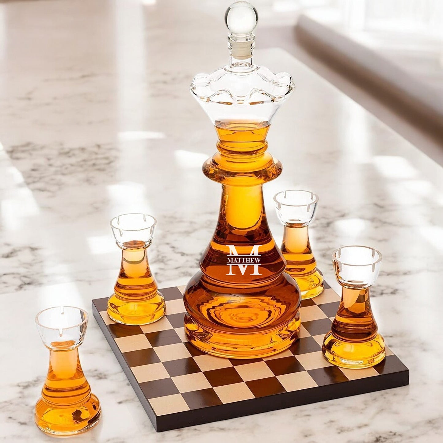 Monogram Personalized Chess Whiskey Decanter with Chess Piece Whiskey Glasses Gift Set