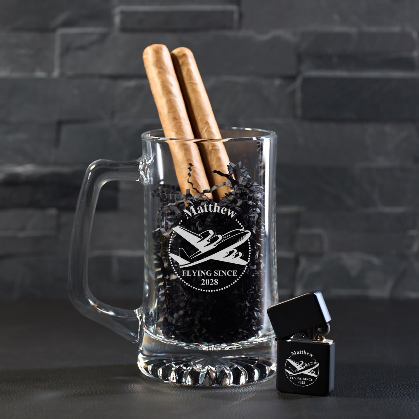 Aviator Pilot Personalized Cigar Lighter & Super Size Beer Mug Gift Set