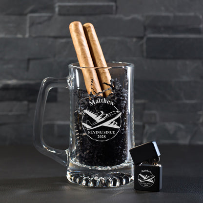 Aviator Pilot Personalized Cigar Lighter & Super Size Beer Mug Gift Set