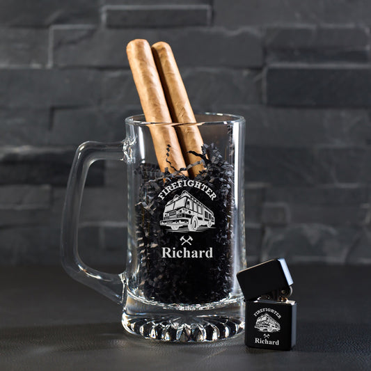 Firefighter Personalized Cigar Lighter & Super Size Beer Mug Gift Set