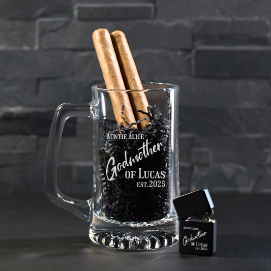 Godmother Personalized Cigar Lighter & Super Size Beer Mug Gift Set