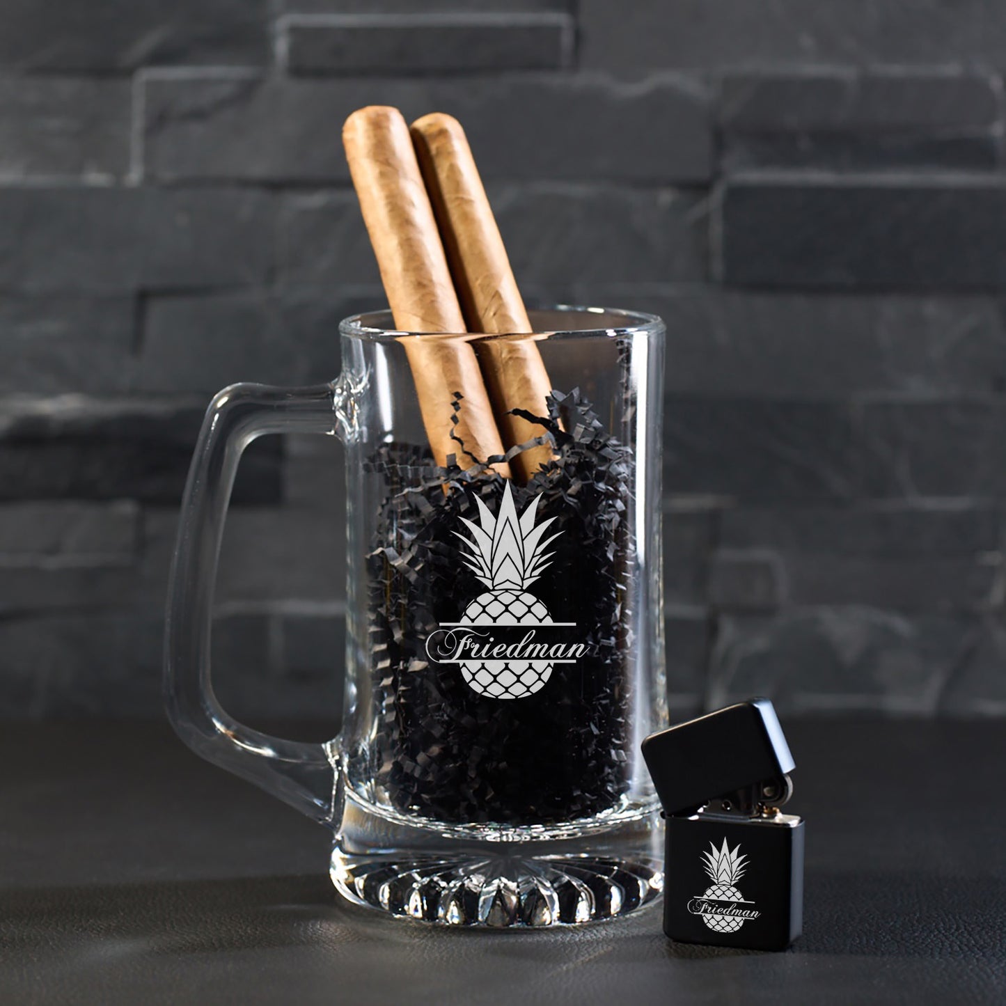 Pineapple Personalized Cigar Lighter & Super Size Beer Mug Gift Set