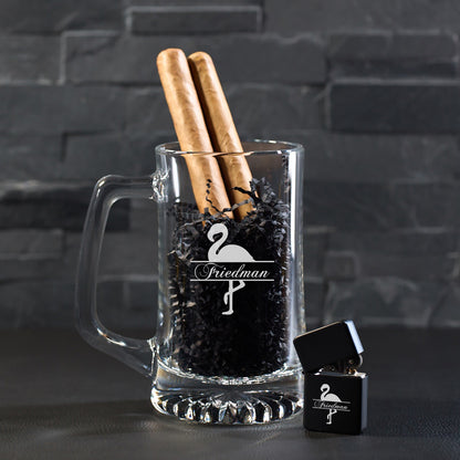 Flamingo Personalized Cigar Lighter & Super Size Beer Mug Gift Set