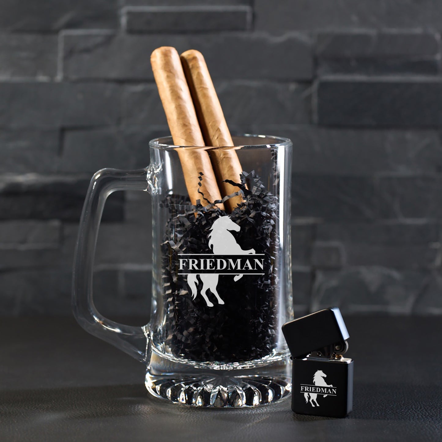Equestrian Horse Personalized Cigar Lighter & Super Size Beer Mug Gift Set