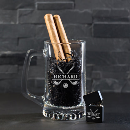 Golf Personalized Cigar Lighter & Super Size Beer Mug Gift Set