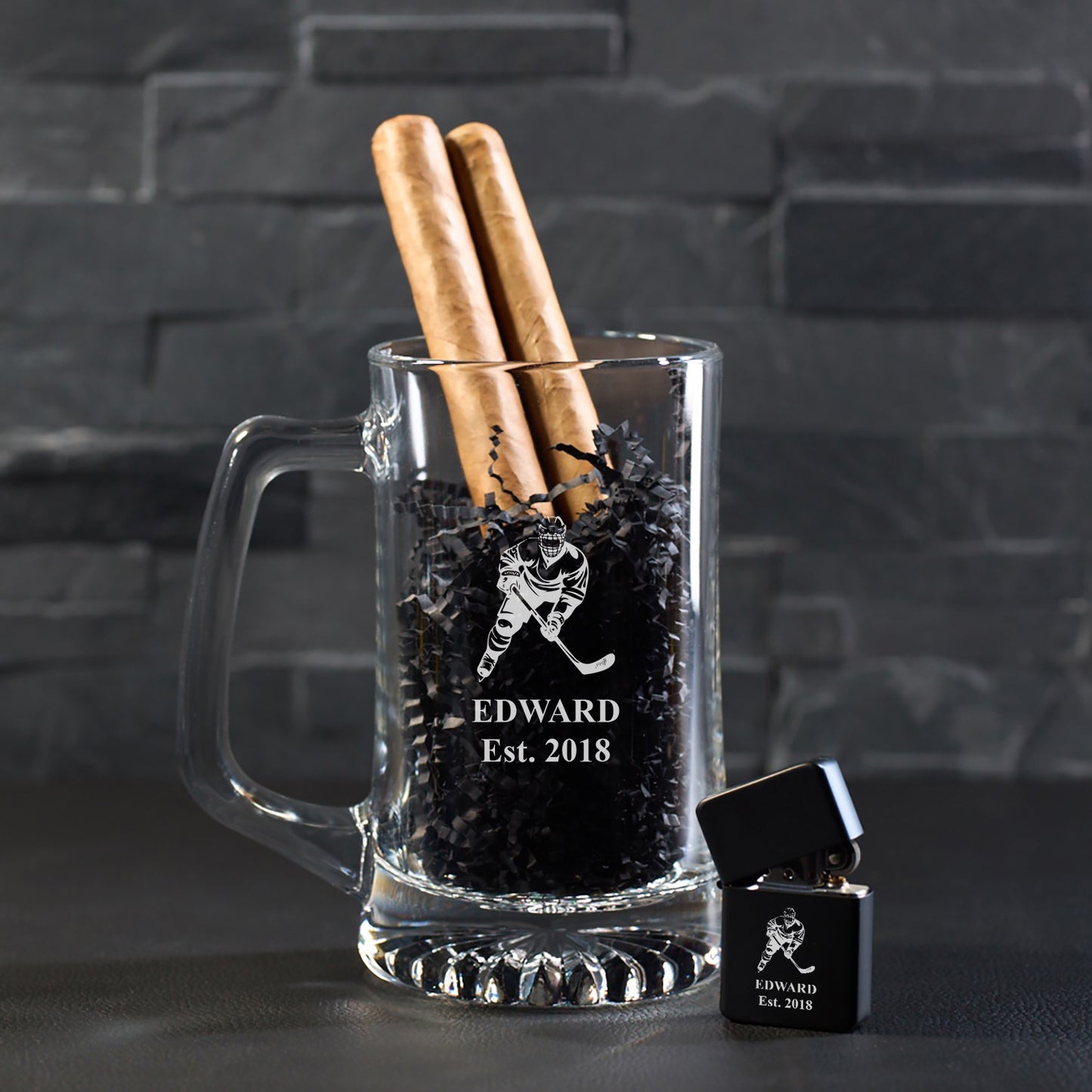 Hockey Personalized Cigar Lighter & Super Size Beer Mug Gift Set