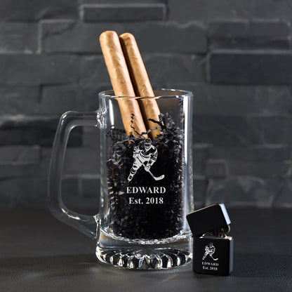 Hockey Personalized Cigar Lighter & Super Size Beer Mug Gift Set