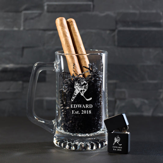 Hockey Personalized Cigar Lighter & Super Size Beer Mug Gift Set