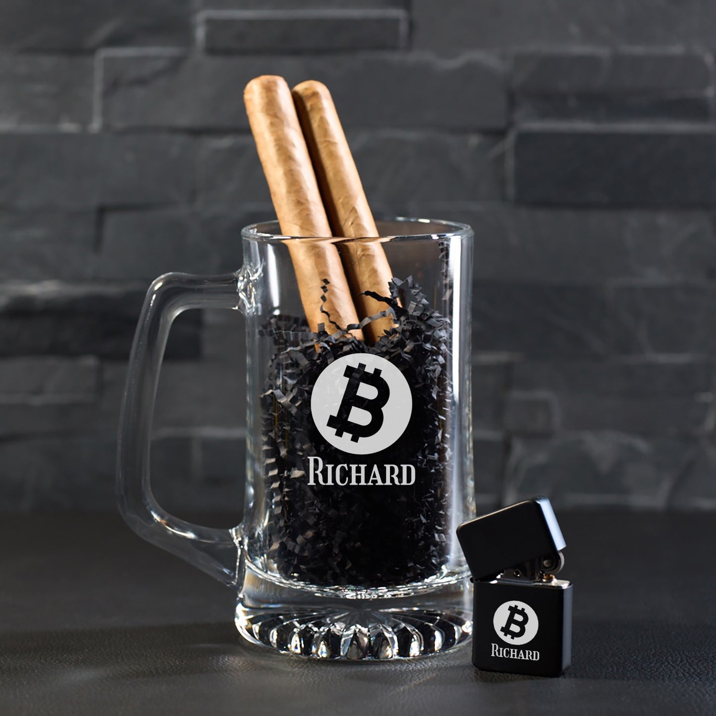 Bitcoin Cryptocurrency Personalized Cigar Lighter & Super Size Beer Mug Gift Set