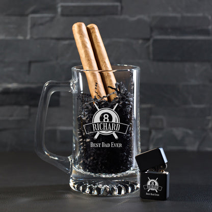 Pool Billiard Eight-Ball Personalized Cigar Lighter & Super Size Beer Mug Gift Set