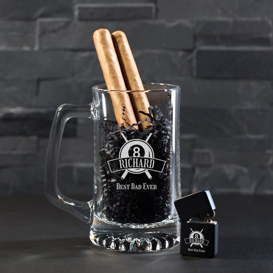Pool Billiard Eight-Ball Personalized Cigar Lighter & Super Size Beer Mug Gift Set
