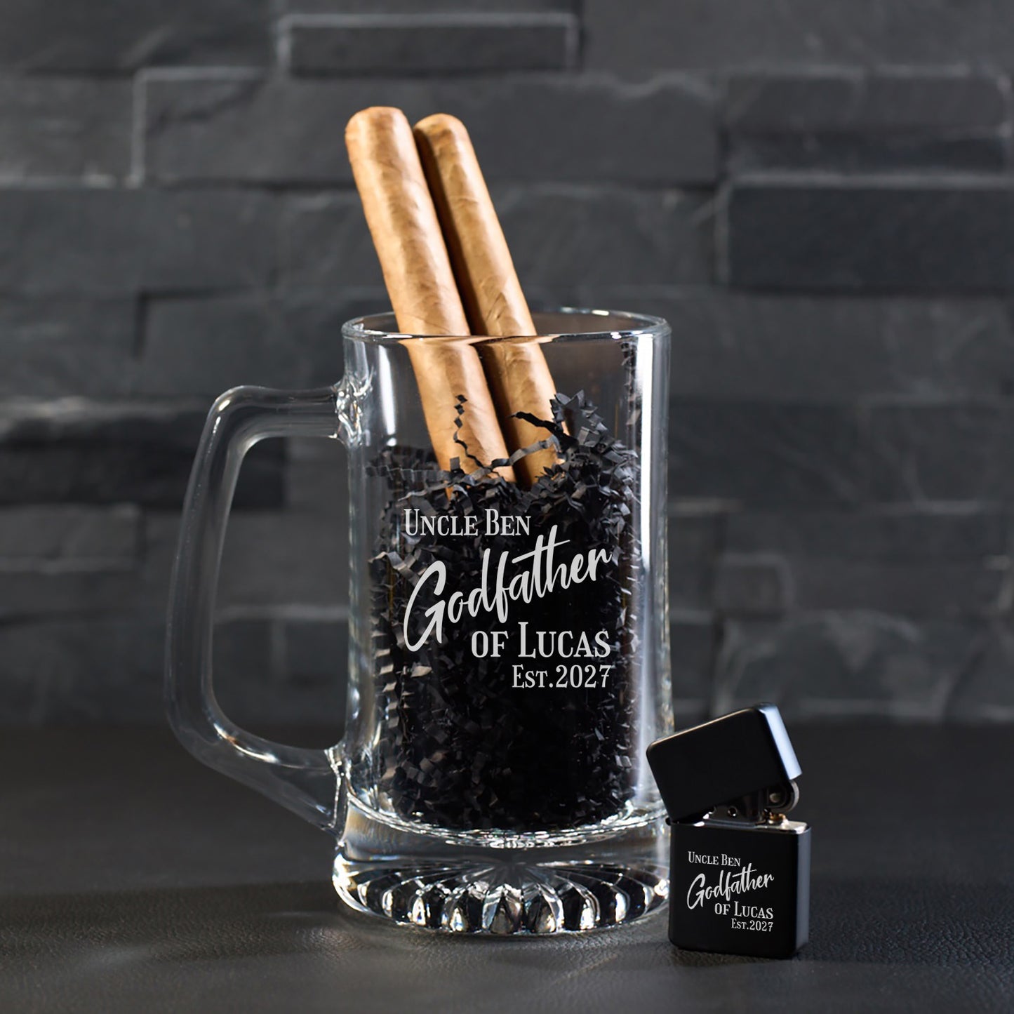 Godfather Personalized Cigar Lighter & Super Size Beer Mug Gift Set