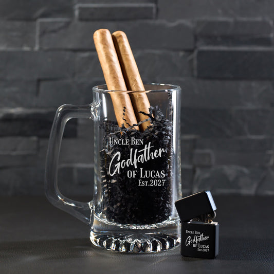 Godfather Personalized Cigar Lighter & Super Size Beer Mug Gift Set