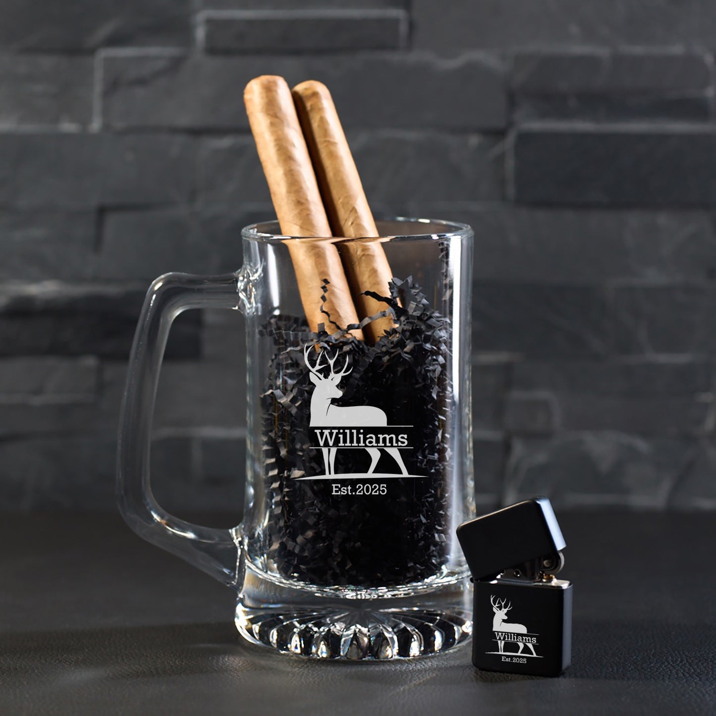 Hunting Personalized Cigar Lighter & Super Size Beer Mug Gift Set