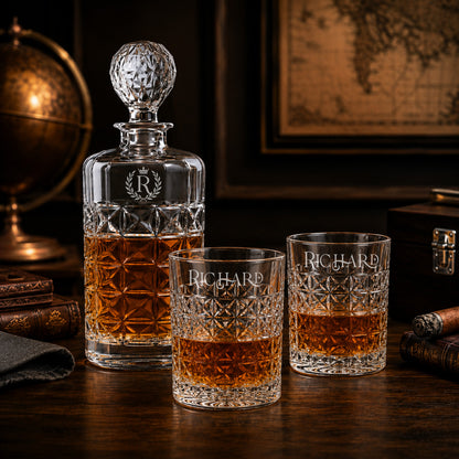 Diamond Reserve Whiskey Decanter and Glass Set | Initial Monogram Decanter & Personalized Name Glasses