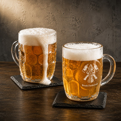 Firefighter Dimple Engraved Beer Mug | Engraved Glass Beer Stein, Set of 2
