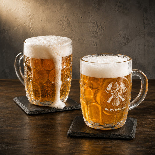 Firefighter Dimple Engraved Beer Mug | Engraved Glass Beer Stein, Set of 2