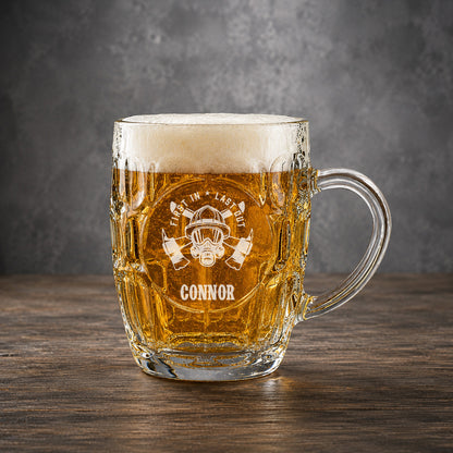 Firefighter Dimple Engraved Beer Mug | Engraved Glass Beer Stein, Set of 2