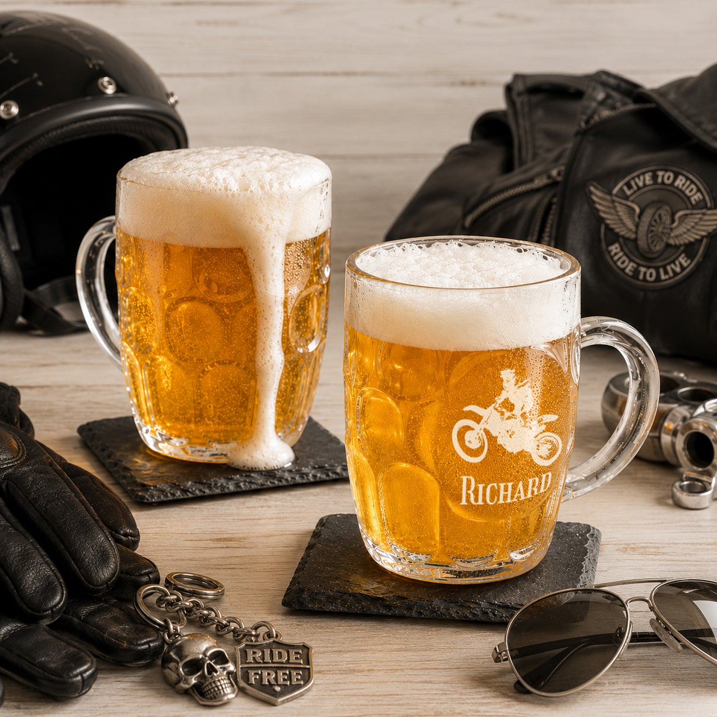 Motorcycle Dimple Engraved Beer Mug | Engraved Glass Beer Stein, Set of 2