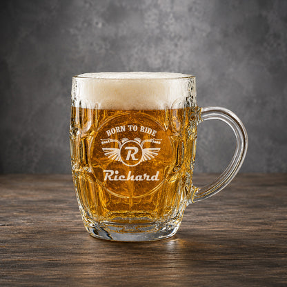 Motorcycle Dimple Engraved Beer Mug | Engraved Glass Beer Stein, Set of 2