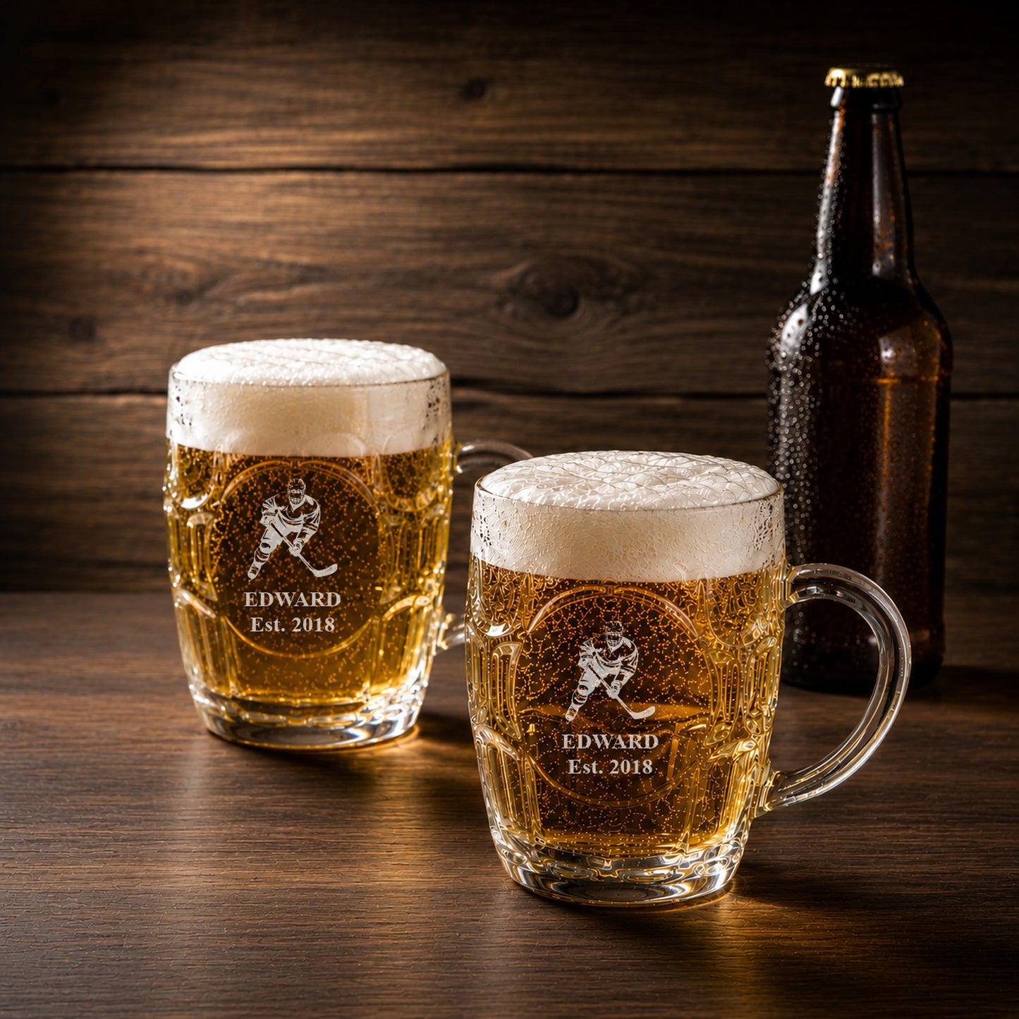 Hockey Dimple Engraved Beer Mug | Engraved Glass Beer Stein, Set of 2