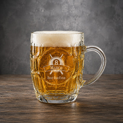 Pool Billiard Eight-Ball Dimple Engraved Beer Mug | Engraved Glass Beer Stein, Set of 2