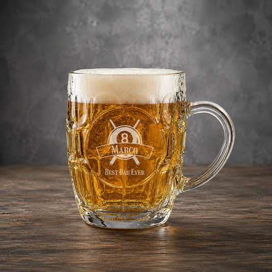Pool Billiard Eight-Ball Dimple Engraved Beer Mug | Engraved Glass Beer Stein, Set of 2