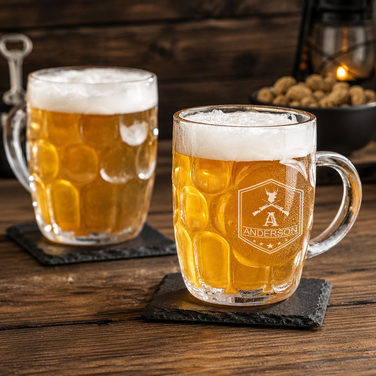 Hunting Dimple Engraved Beer Mug | Engraved Glass Beer Stein, Set of 2