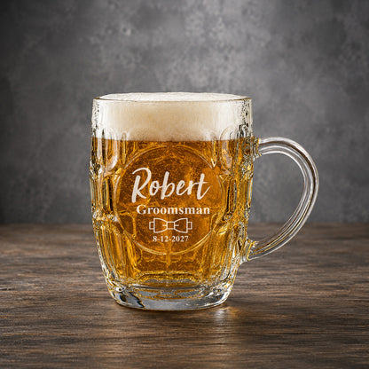 Groomsmen Dimple Engraved Beer Mug | Engraved Glass Beer Stein, Set of 2