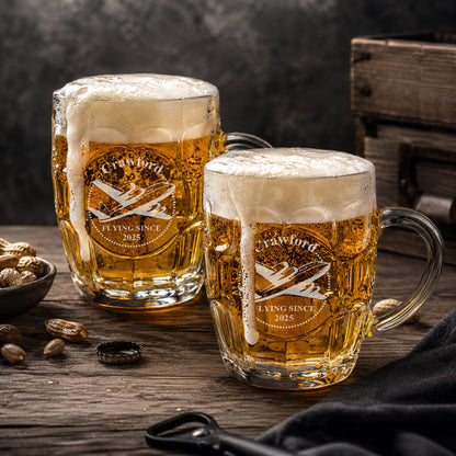 Aviator Pilot Personalized Dimple Beer Mug | Engraved Glass Beer Stein, Set of 2