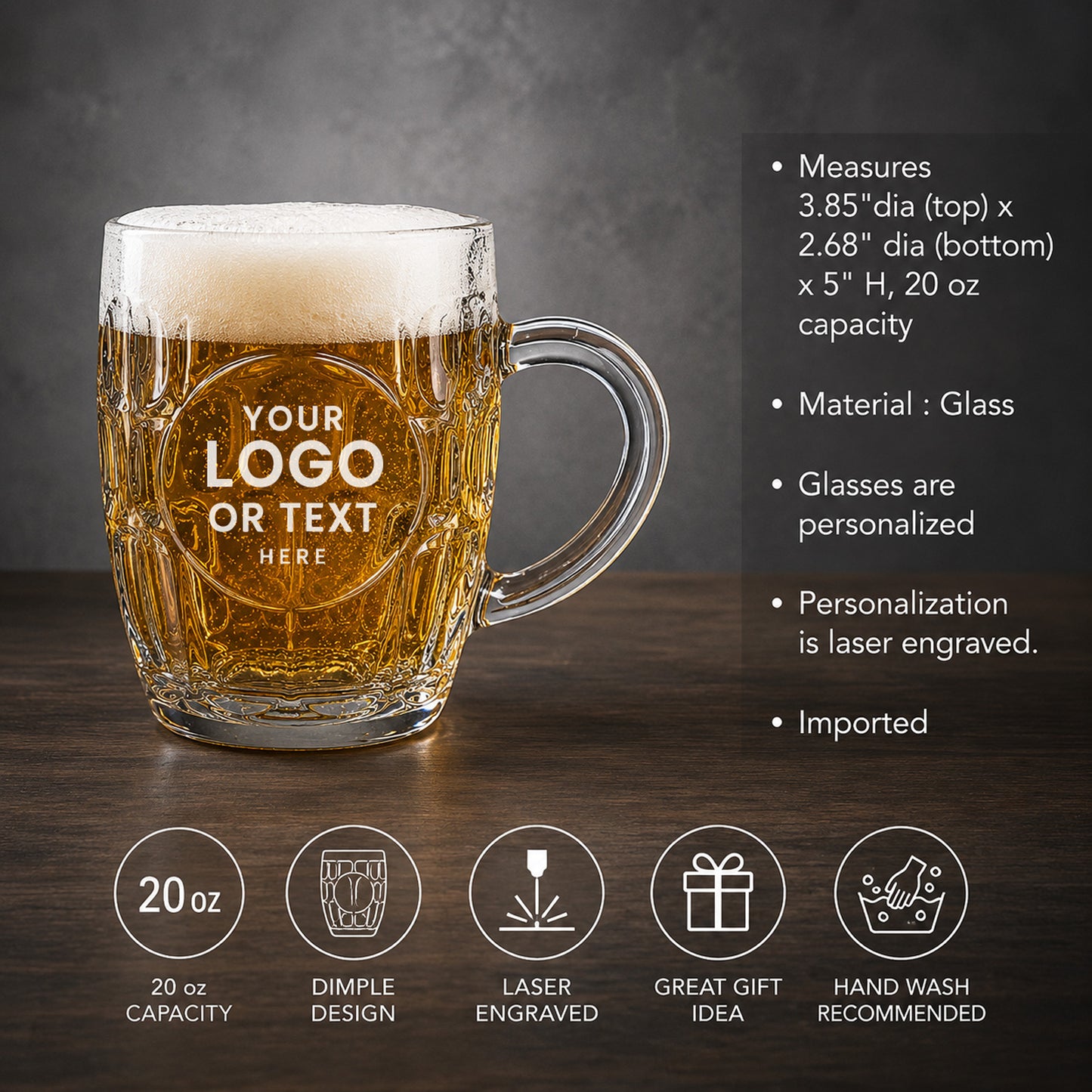 Custom Logo Personalized Dimple Beer Mug | Engraved Glass Beer Stein, Set of 2