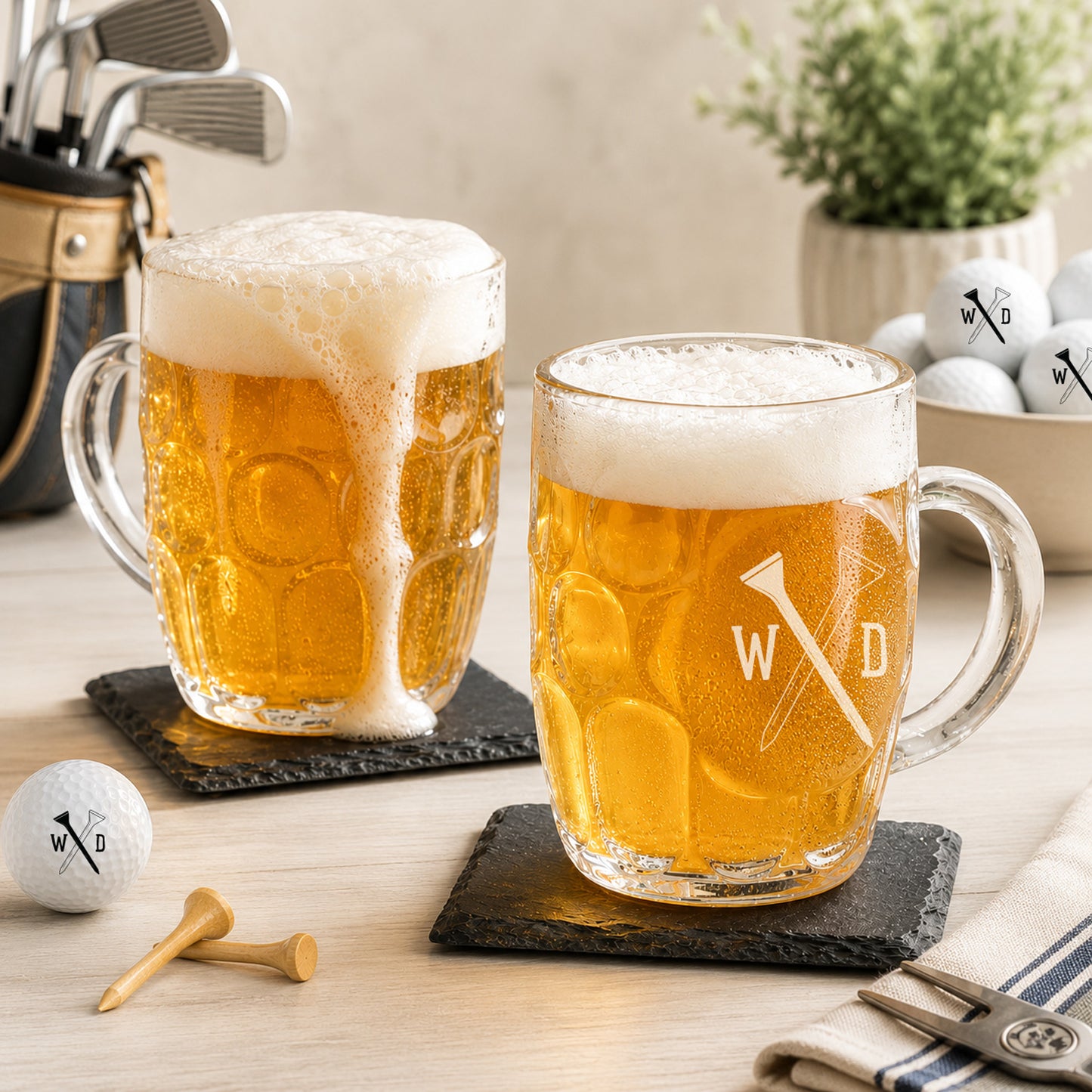 Golf Dimple Engraved Beer Mug | Engraved Glass Beer Stein, Set of 2