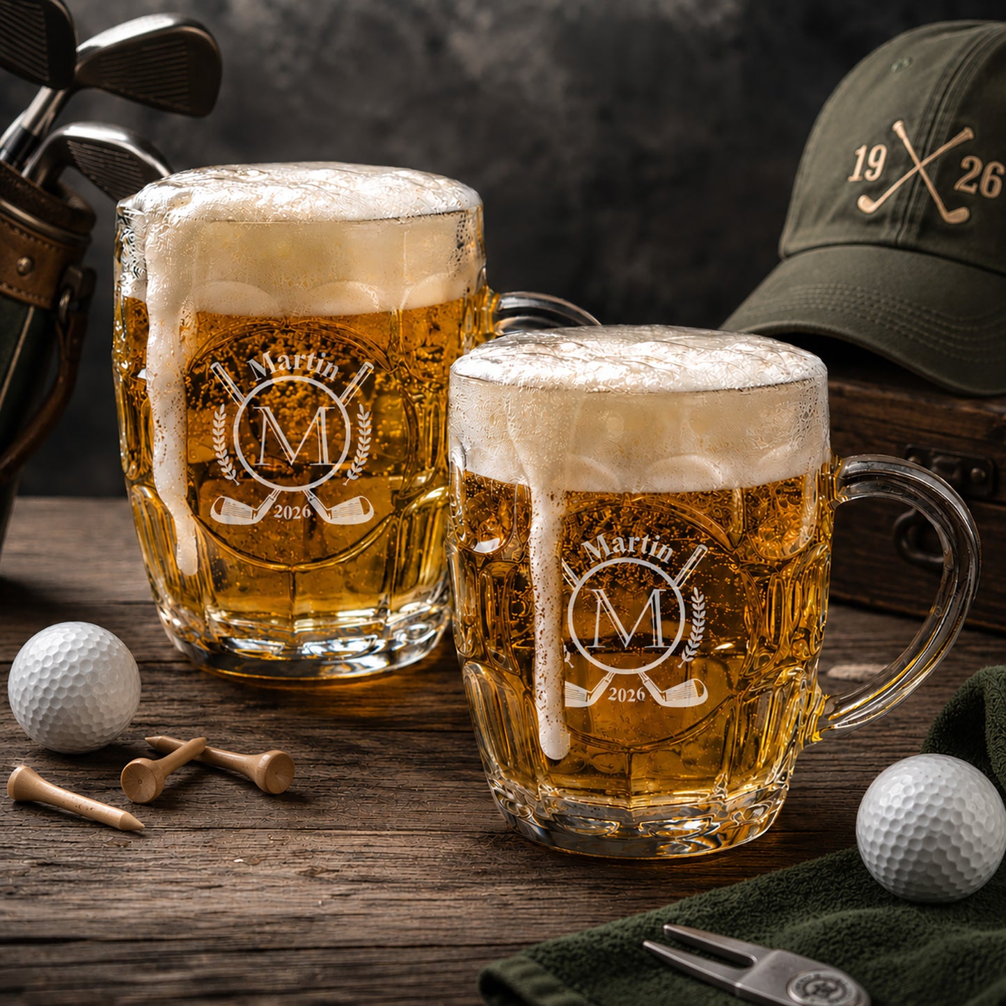 Golf Dimple Engraved Beer Mug | Engraved Glass Beer Stein, Set of 2