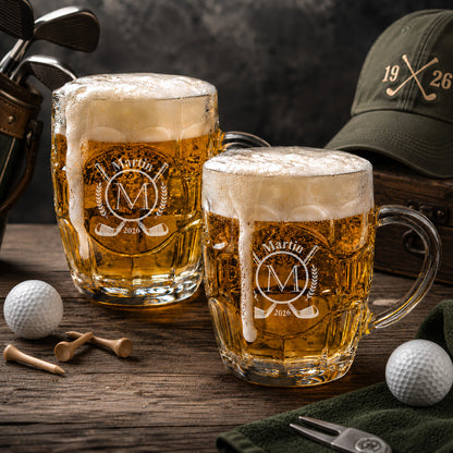 Golf Dimple Engraved Beer Mug | Engraved Glass Beer Stein, Set of 2