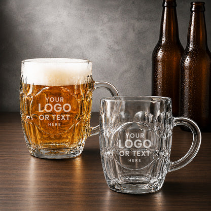 Custom Logo Personalized Dimple Beer Mug | Engraved Glass Beer Stein, Set of 2