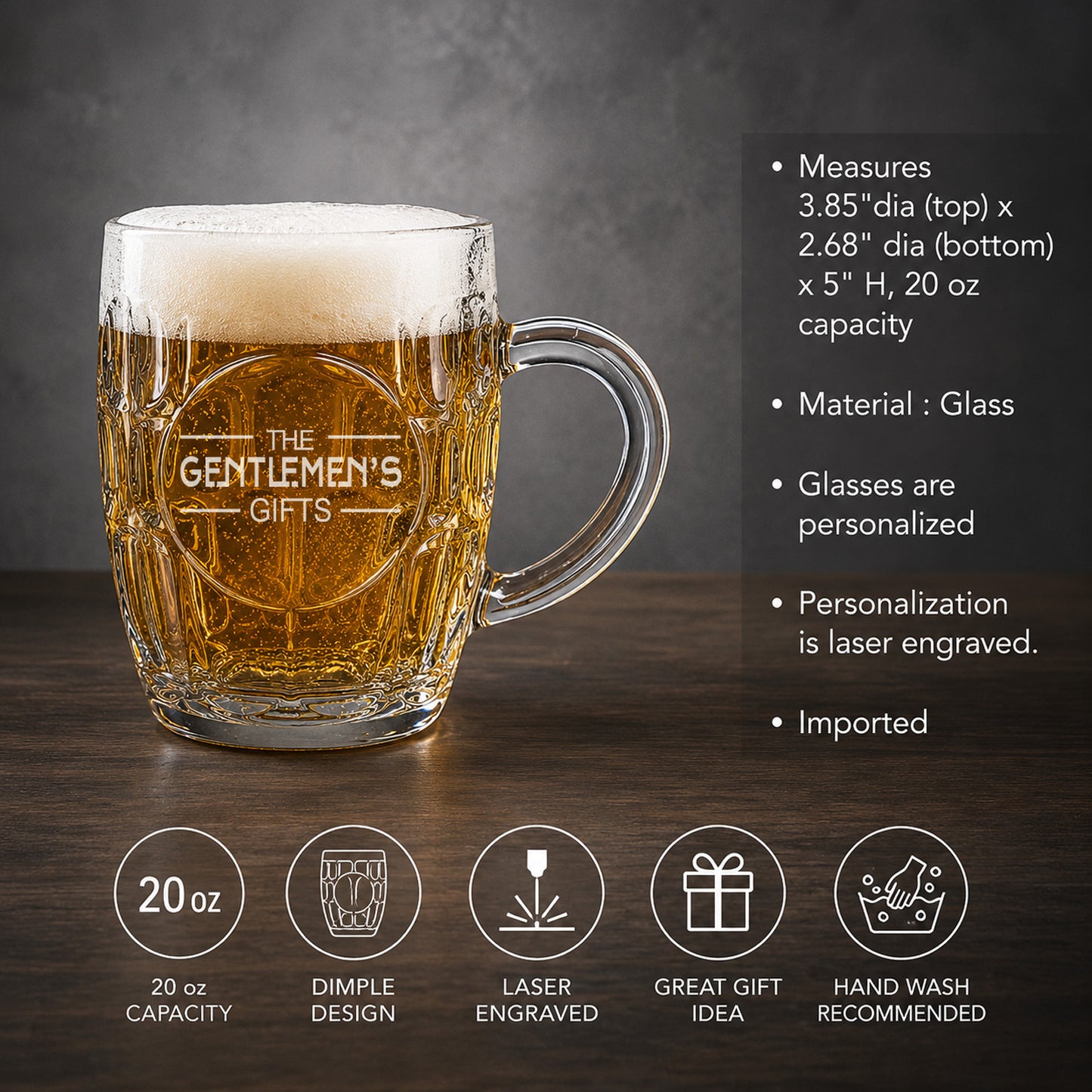 Monogram Dimple Engraved Beer Mug | Engraved Glass Beer Stein, Set of 2