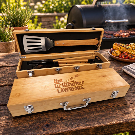 The GrillFather Personalized Bamboo Barbeque Tools Gift Set