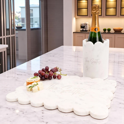 Signature Collection Engraved Scalloped Marble Wine & Champagne Chiller and Scalloped Marble Cheese Board