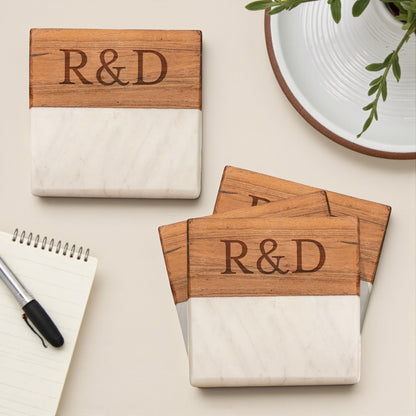 Engraved Wood & Marble Coasters – Set of 4