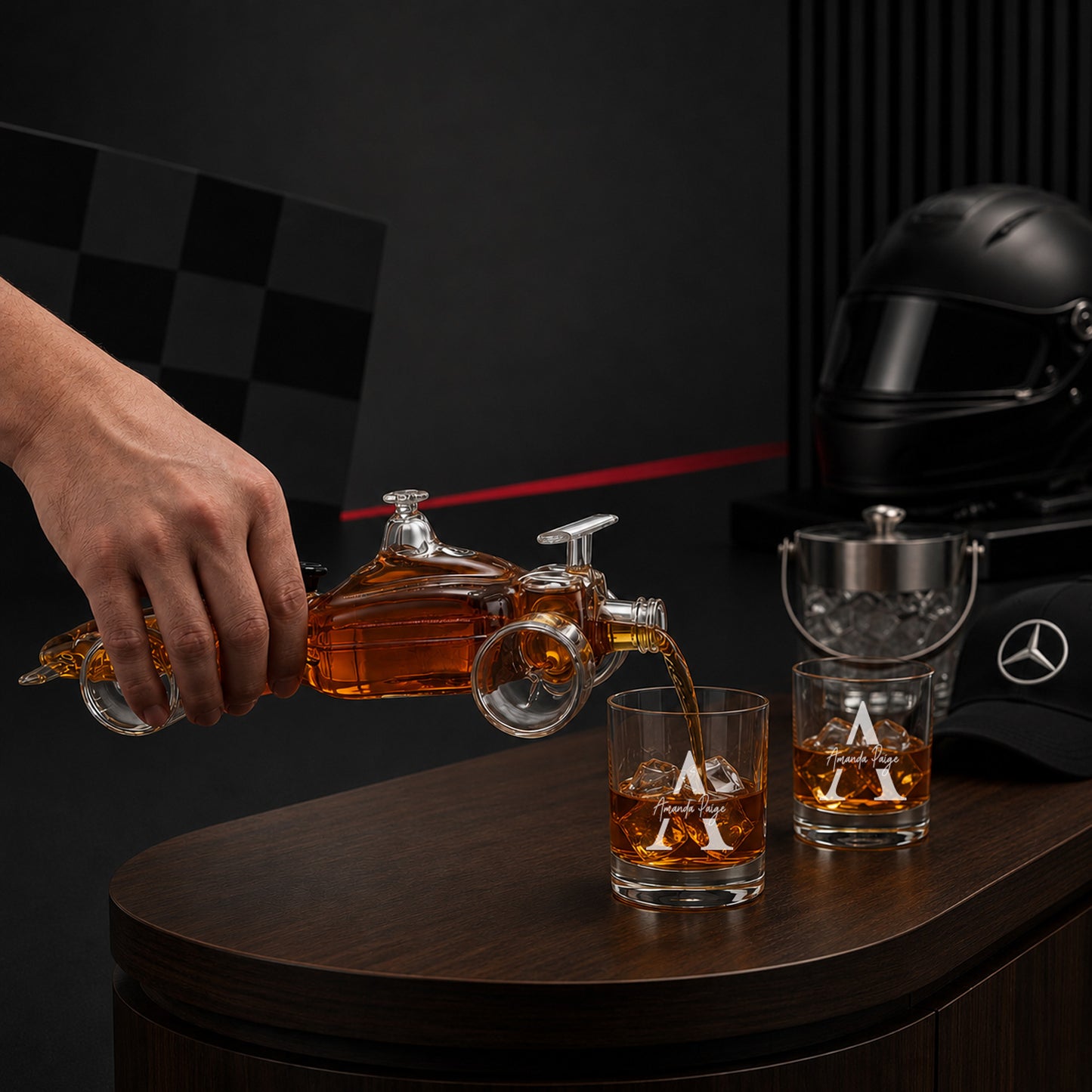 F1 Racecar Whiskey Decanter with Personalized Bourbon Rocks Glasses Set