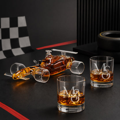 F1 Racecar Whiskey Decanter with Personalized Bourbon Rocks Glasses Set