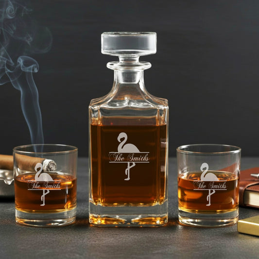 Flamingo Personalized Classic Whiskey Decanter with Whiskey Glasses