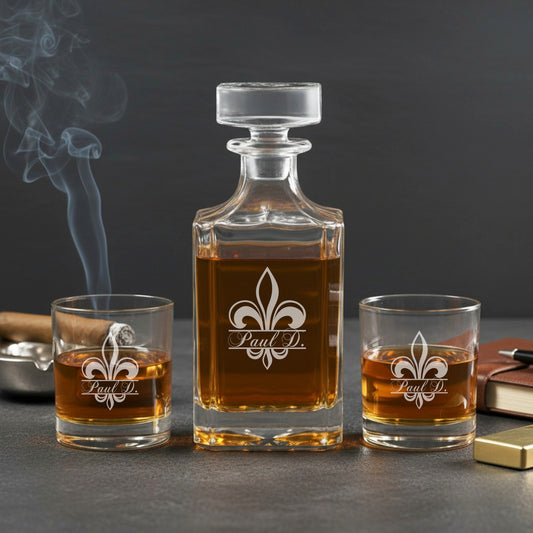 Fleur De Lis Personalized Classic Whiskey Decanter with Whiskey Glasses