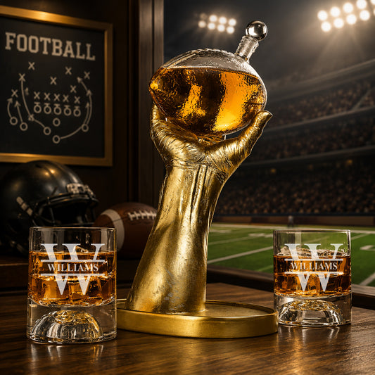 Football Whiskey Decanter with 2 Monogrammed Glasses Gift Set