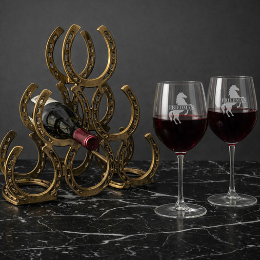 Horseshoe  6-Bottle Tabletop Metal Wine Rack with 2 Personalized Wine Glass, Set of 3